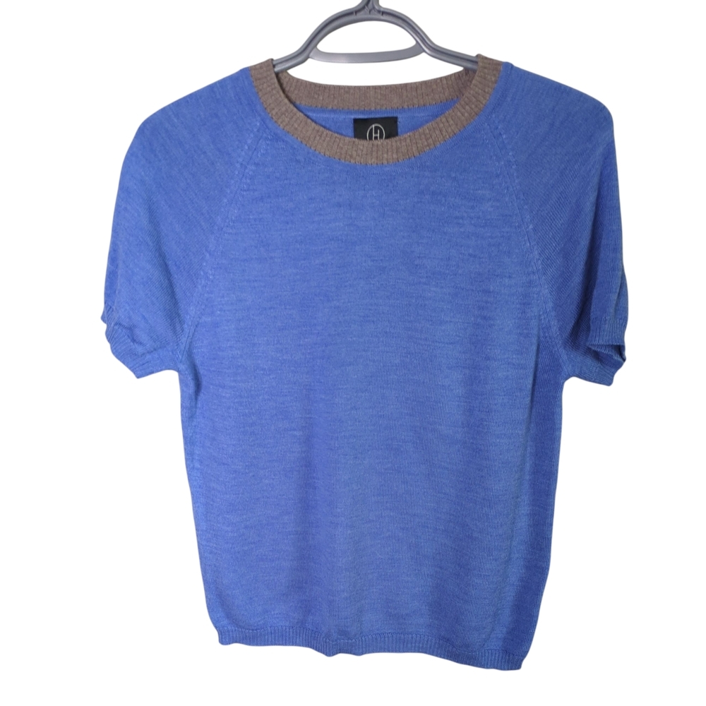 Hanne Linding Short-Sleeved Knitted Blouse Top 100% Merino Wool Blue/Grey Size S